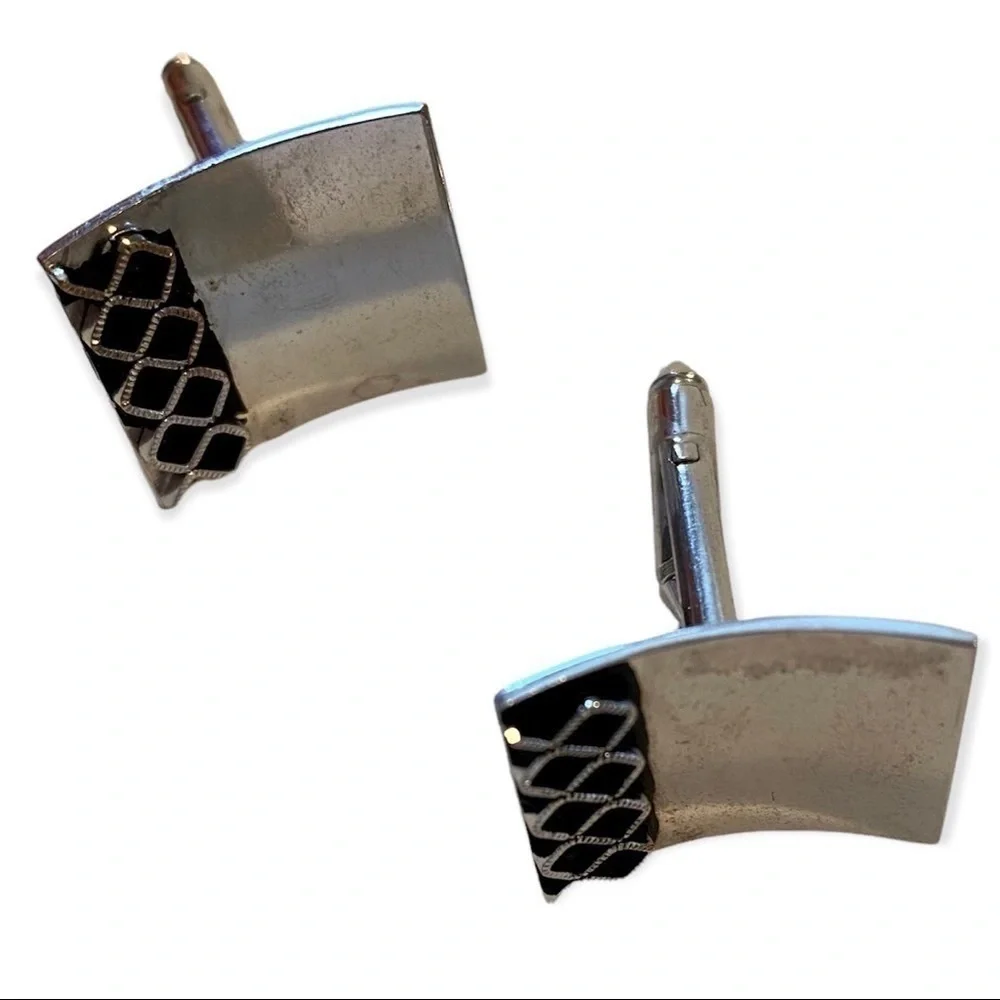 Vintage Silver and Black Enamel Curved Square Cufflinks